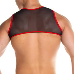 Black mesh tank top with red trim from gigo skin red harness featuring breathable mesh fabric and bold red edging