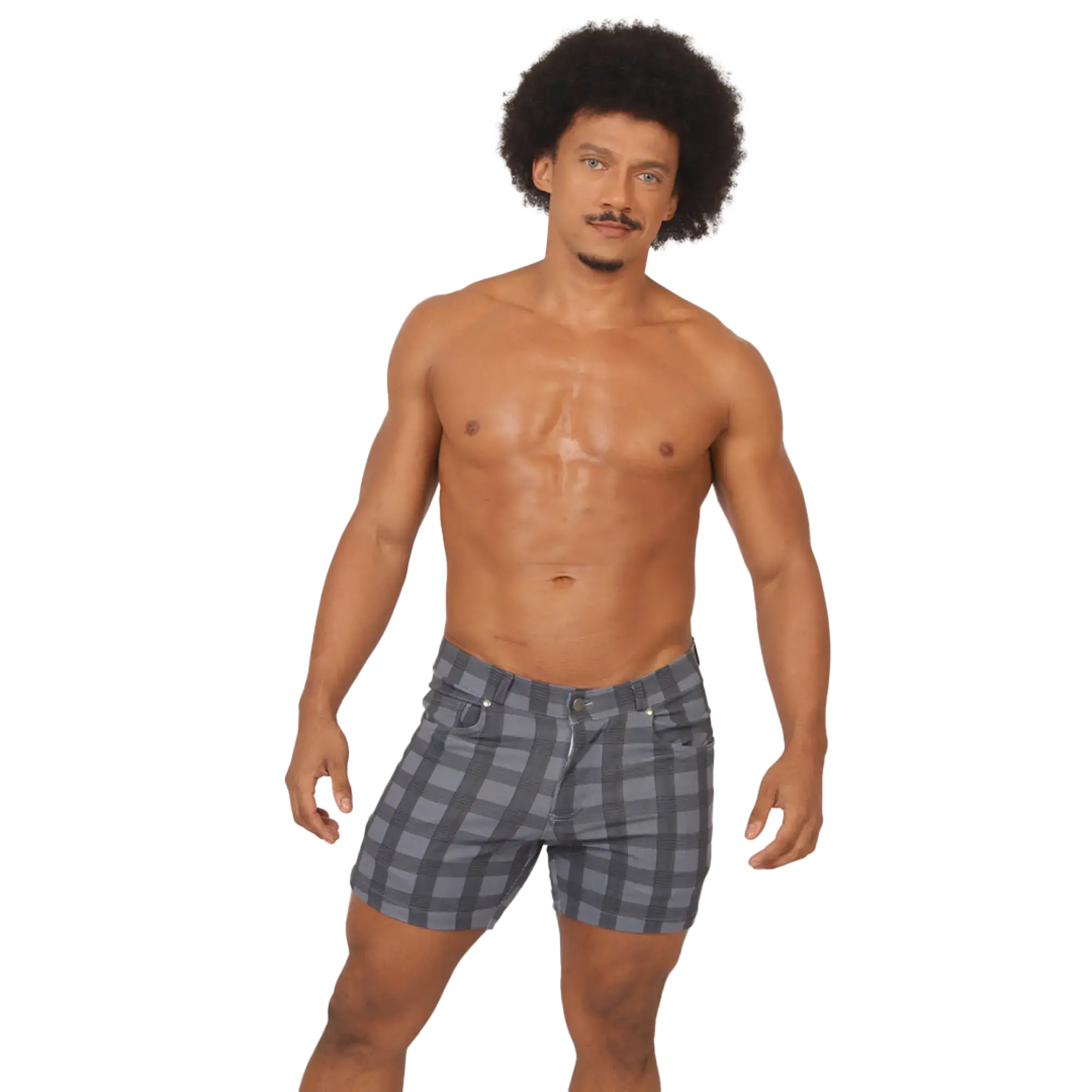 Gray and black plaid denim shorts with classic five-pocket design from gigo social blue square short collection
