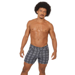 Gray and black plaid denim shorts with classic five-pocket design from gigo social blue square short collection
