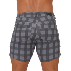 Gray and black plaid gigo social blue square shorts with subtle textured weave for casual wear