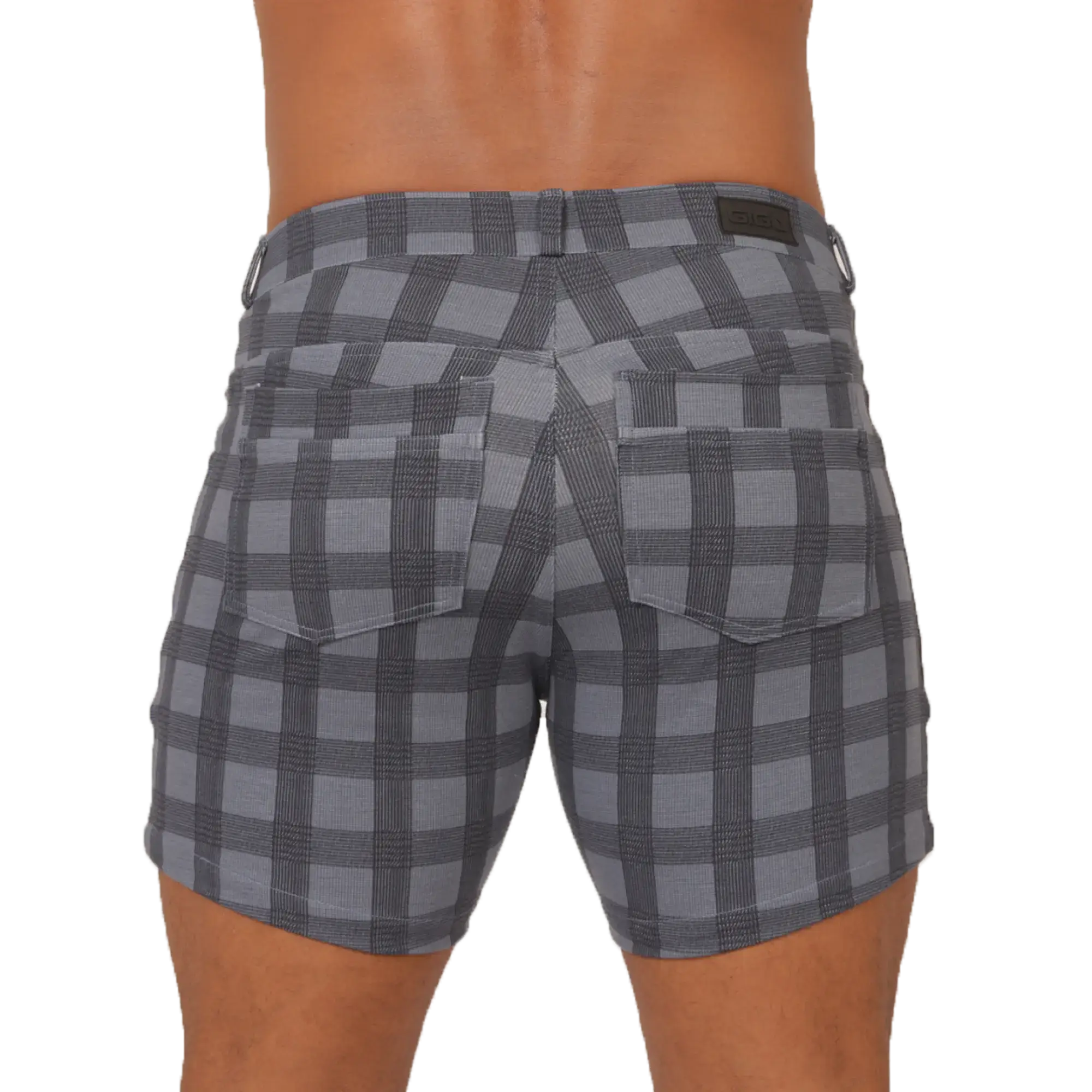 Gray and black plaid gigo social blue square shorts with subtle textured weave for casual wear