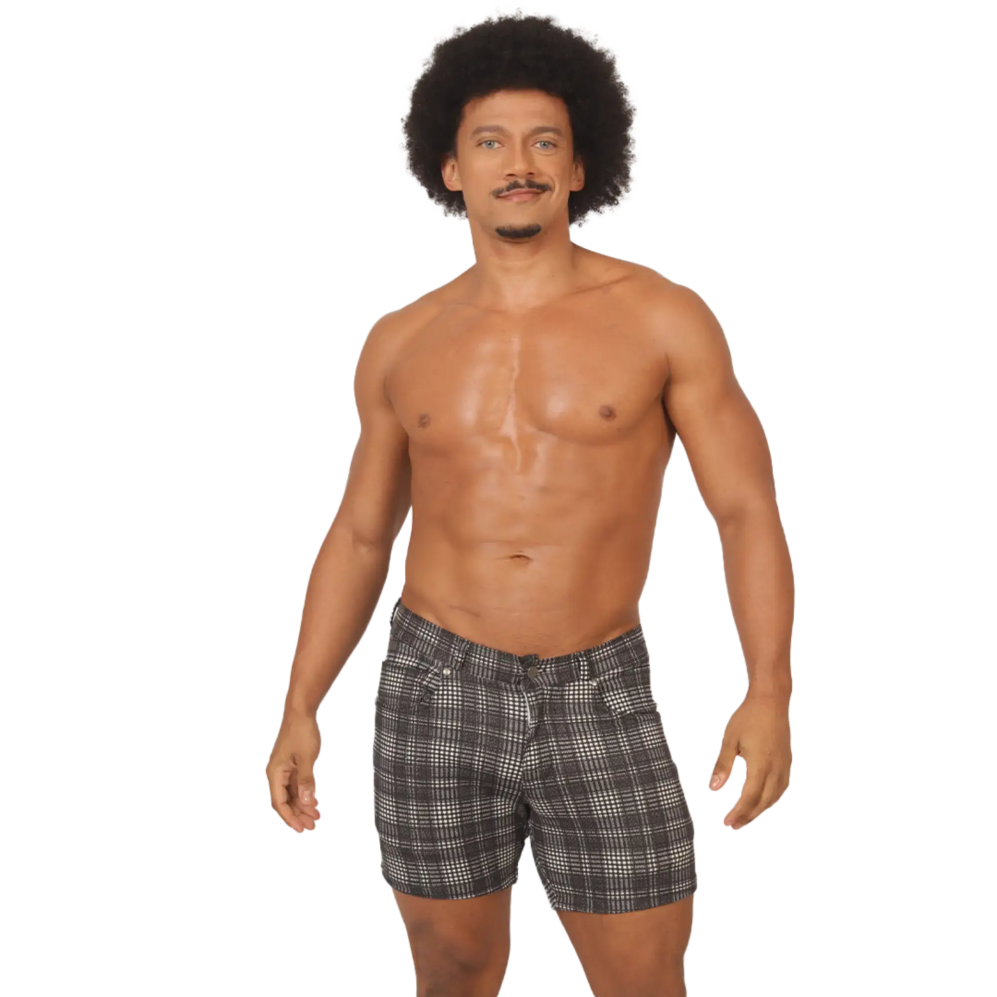 Black and white checkered gigo social gray square short menâ€™s plaid cotton shorts front view
