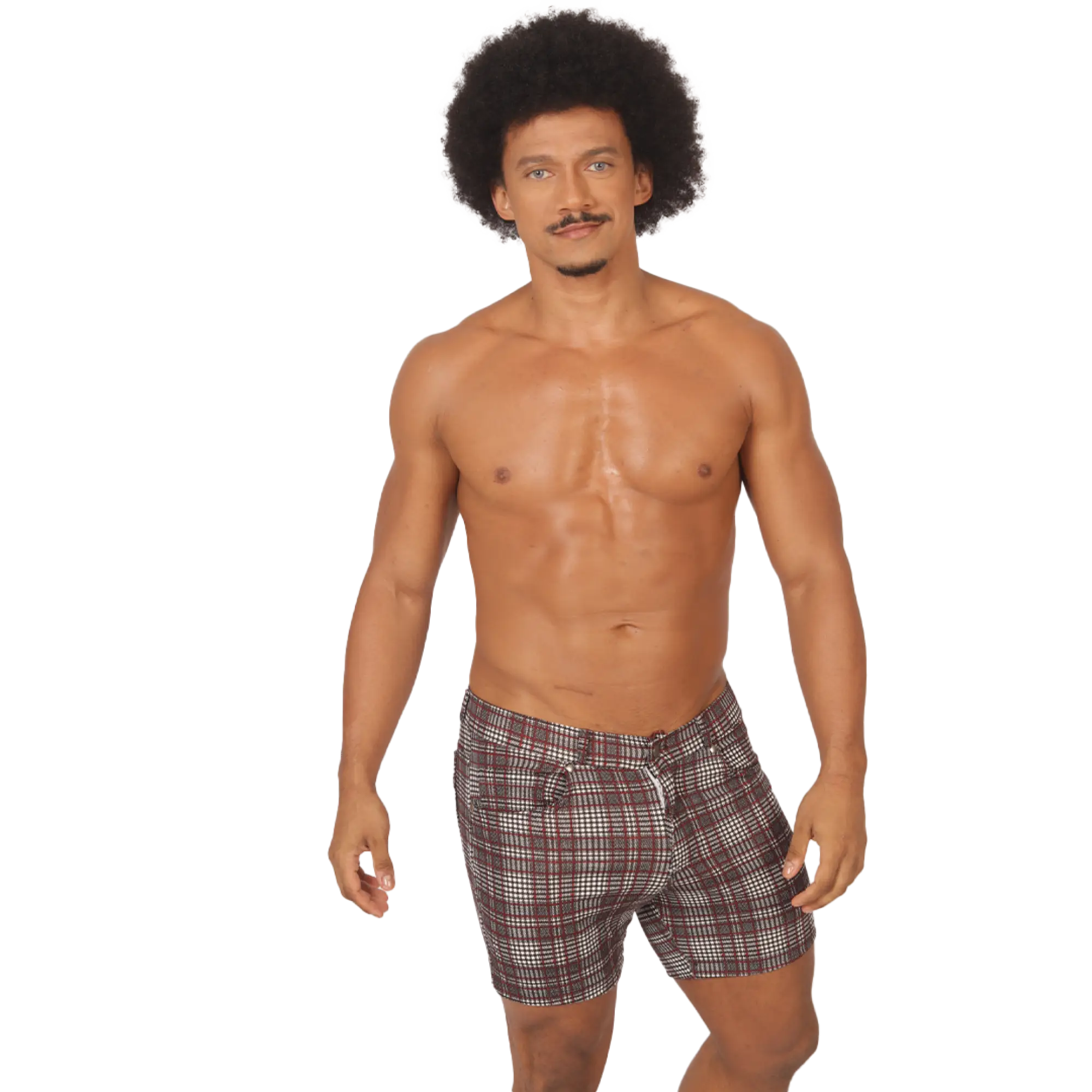 Menâ€™s gigo social red short plaid swim trunks in brown white and black for casual beachwear
