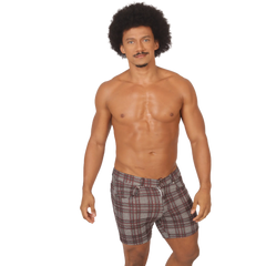 Menâ€™s gigo social red short plaid swim trunks in brown white and black for casual beachwear