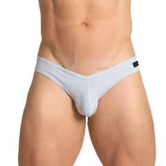 Light blue ribbed menâ€™s briefs made from soft fabric with a black tag on the waistband gigo soft blue brief
