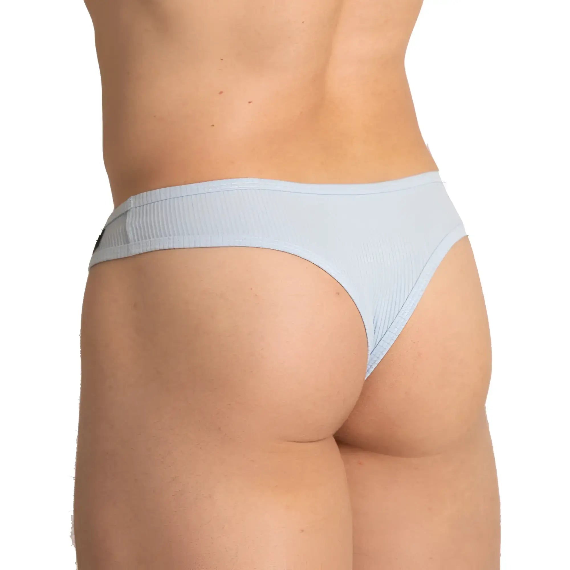 Light blue ribbed cotton thong with subtle textured waistband from gigo soft blue gstring collection back view