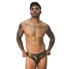 Metallic gold Gigo Splendor brief with black trim and a center front zipper detail.