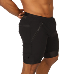 Gigo sporty black athletic shorts with sleek form-fitting design and multiple zippered pockets for secure storage