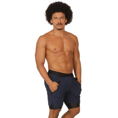 Navy blue Gigo sporty athletic shorts with black elastic waistband and hem trim designed for activewear use