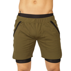 Gigo sporty green olive shorts with black elastic waistband and side zip pockets suitable for athletic use