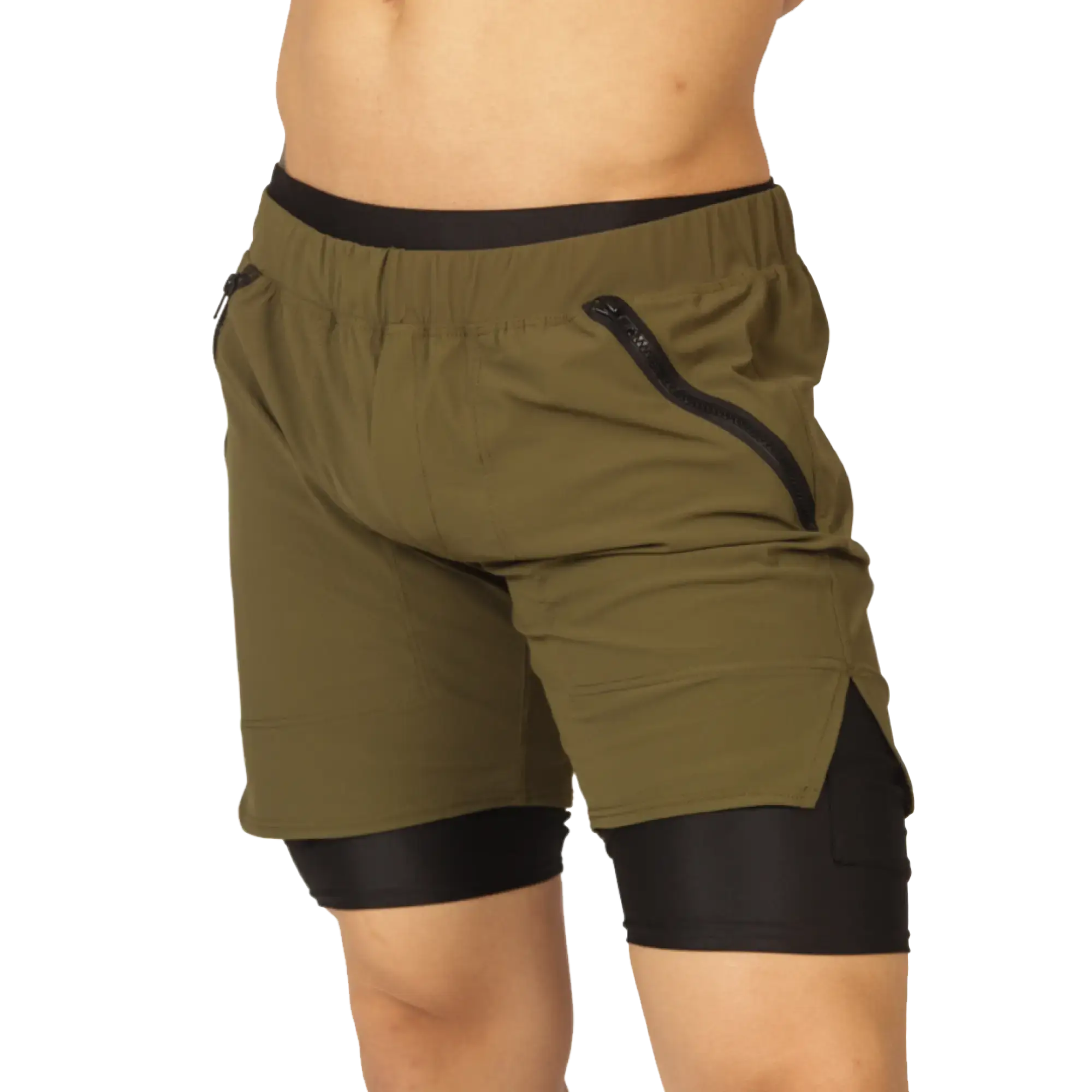 Gigo sporty green short olive green athletic shorts with black elastic waistband and zippered side pocket inner lining