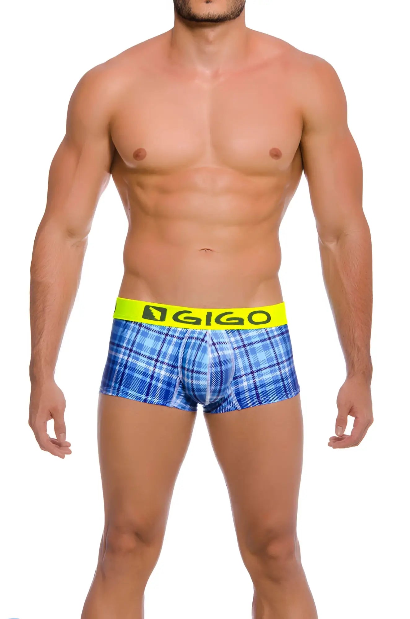 Blue plaid gigo square short boxer underwear with bright yellow waistband size l designed for comfort and style