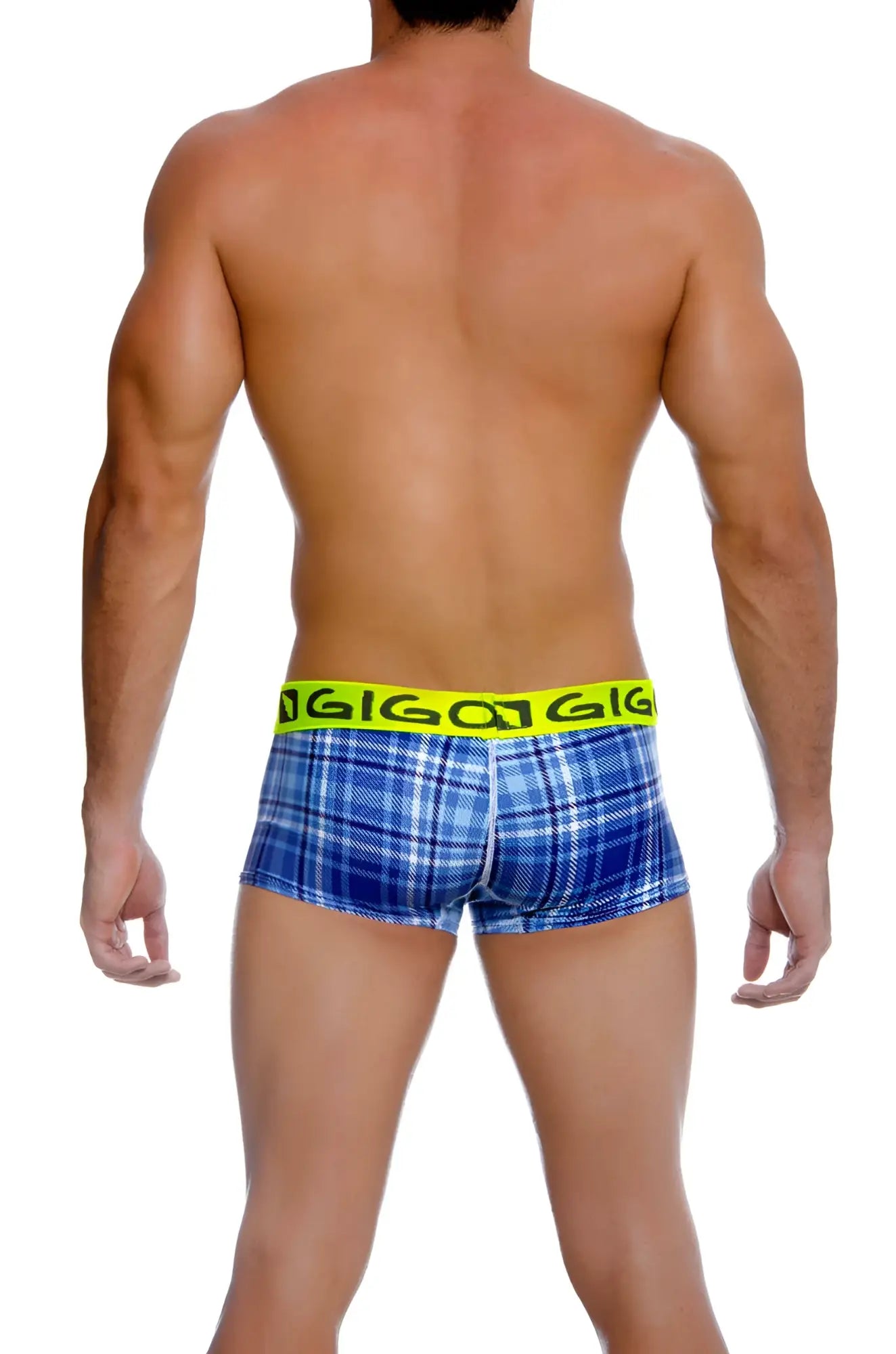 Blue plaid boxer briefs with neon yellow elastic waistband and gigi brand name from Gigo SQUARE short boxer underwear size L