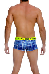 Blue plaid boxer briefs with neon yellow elastic waistband and gigi brand name from Gigo SQUARE short boxer underwear size L