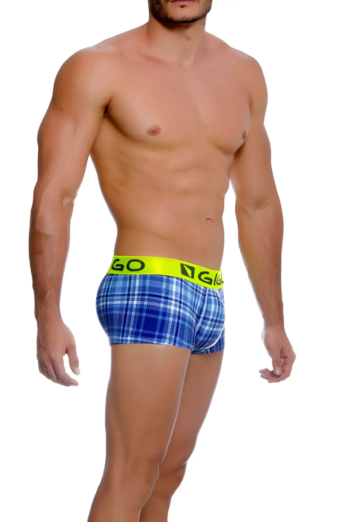 Blue plaid gigo square short boxer underwear with neon yellow waistband and ngo logo size large