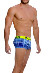 Blue plaid gigo square short boxer underwear with neon yellow waistband and ngo logo size large