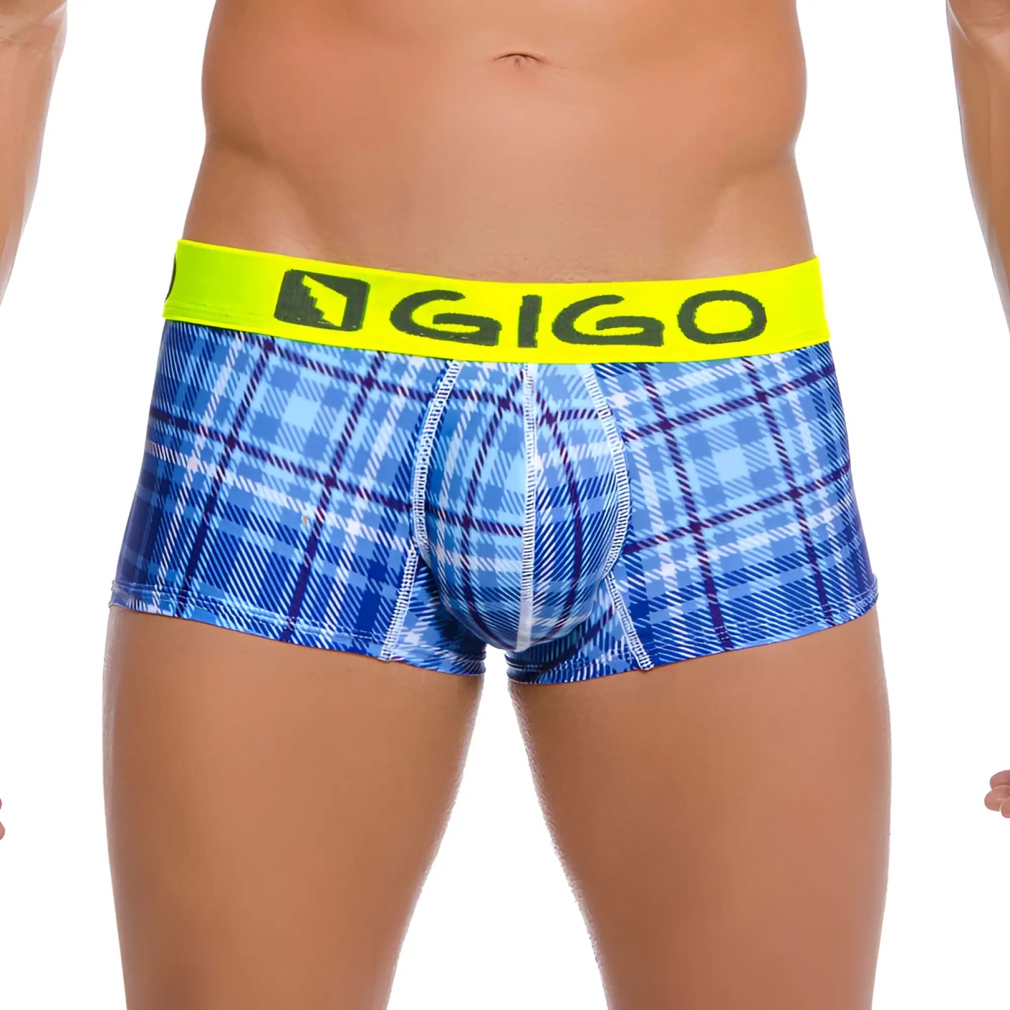 Blue plaid boxer briefs with bright yellow gigo waistband in size L from the Gigo SQUARE Short Boxer Underwear line