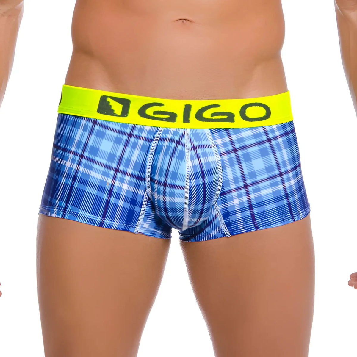 Blue plaid boxer briefs with bright yellow gigo waistband in size L from the Gigo SQUARE Short Boxer Underwear line