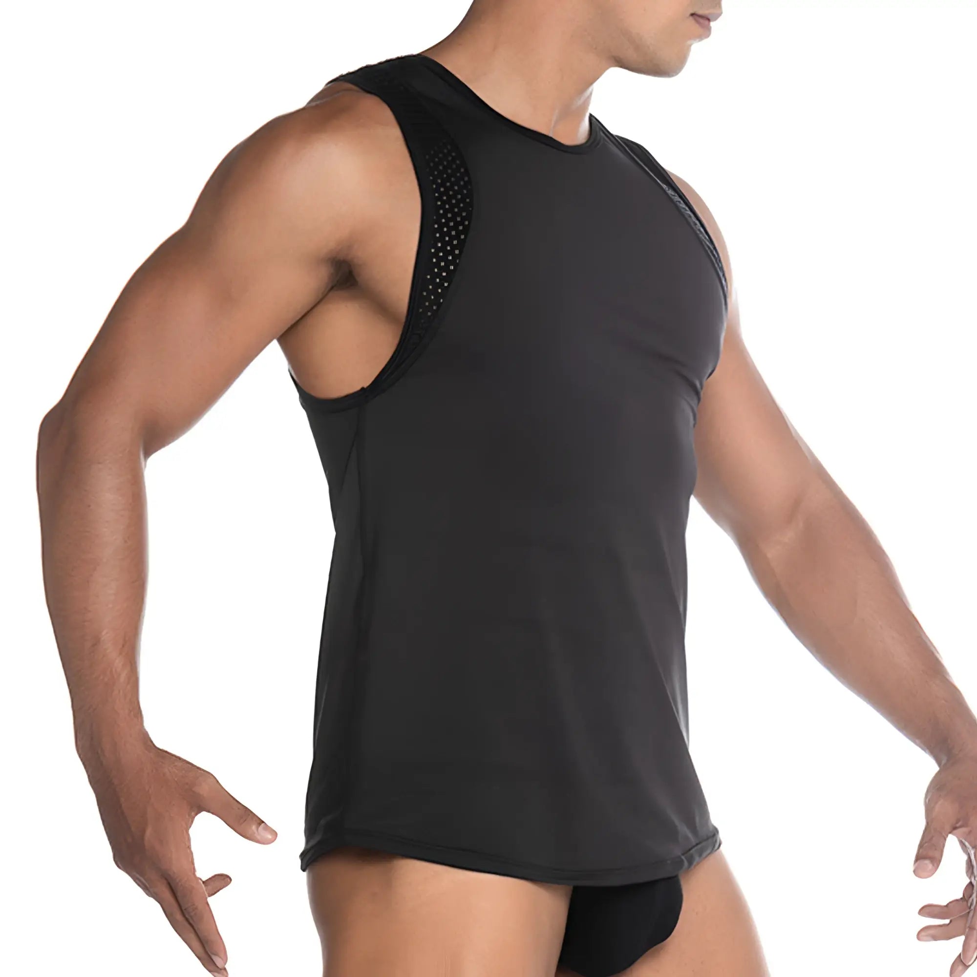 Black athletic tank top with mesh shoulder panels made of stretch fabric for performance wear gigo stretch black tank