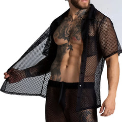 Black mesh gigo striking shirt with button-front design and short sleeves for casual wear