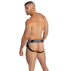 Black gigo briefs with a white logo band from the gigo style blue brief jock collection shown from the back