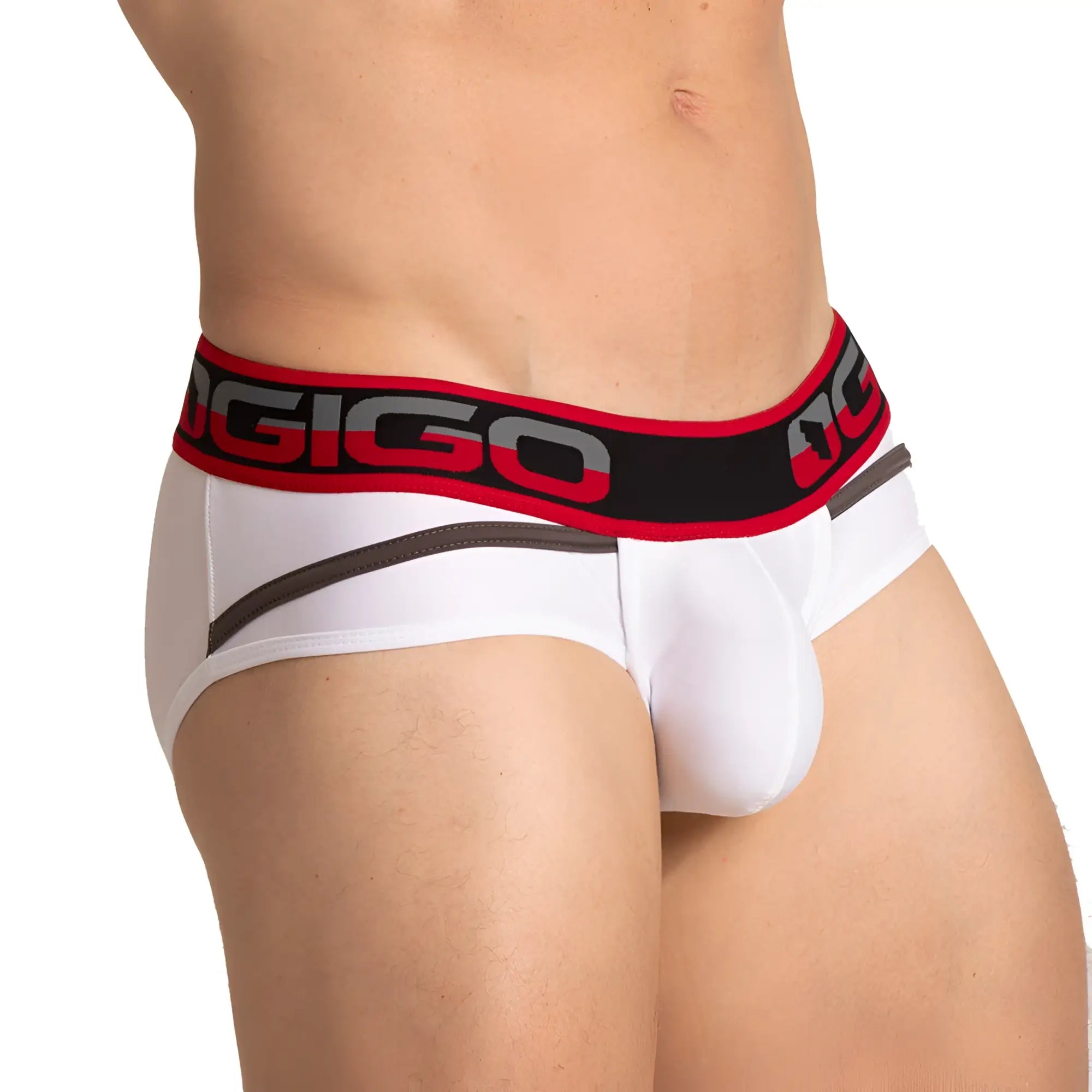 White menâ€™s briefs with bold red and black elastic waistband featuring ogigo logo gray lettering gigo style white brief