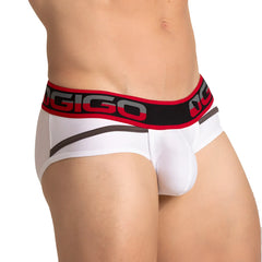 White menâ€™s briefs with bold red and black elastic waistband featuring ogigo logo gray lettering gigo style white brief