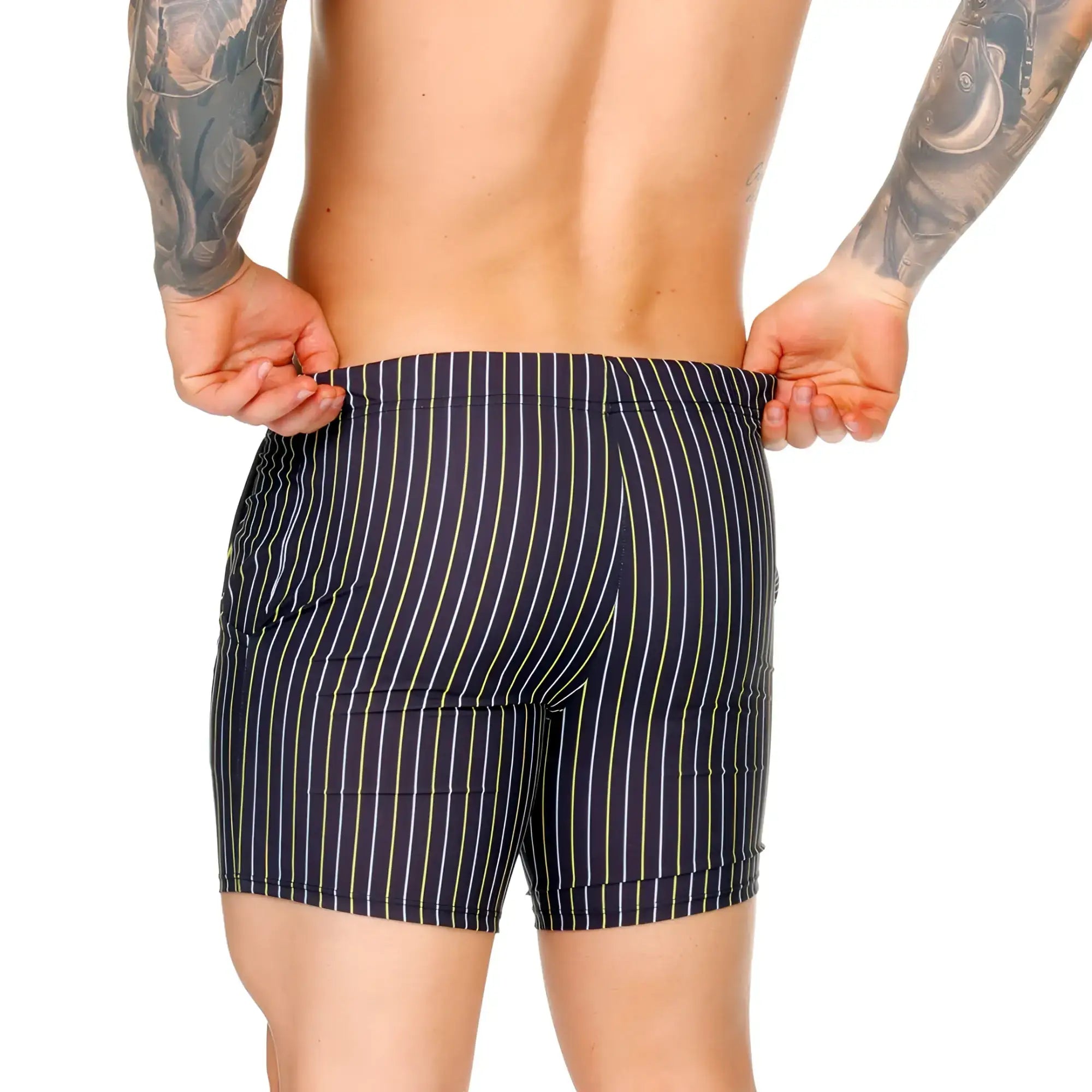Navy blue gigo sultan black beachwear swim trunks with thin yellow and white vertical stripes for beach use
