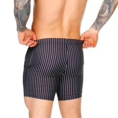Navy blue gigo sultan black beachwear swim trunks with thin yellow and white vertical stripes for beach use