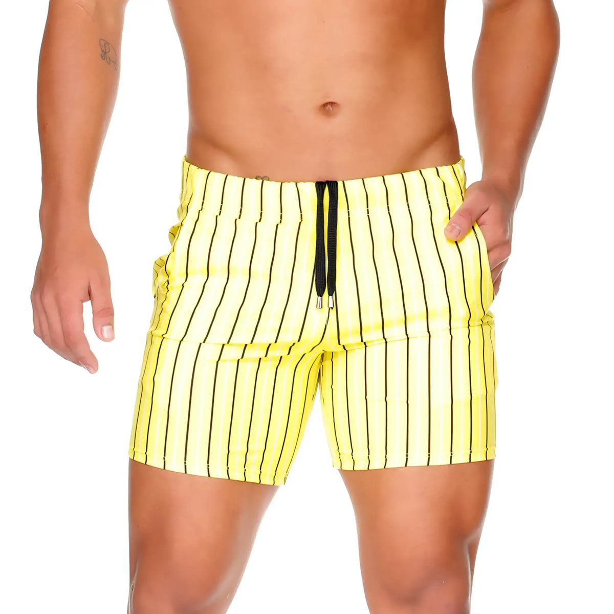 Bright yellow Gigo Sultan swim trunks with bold black vertical stripes and a matching drawstring waistband for beachwear