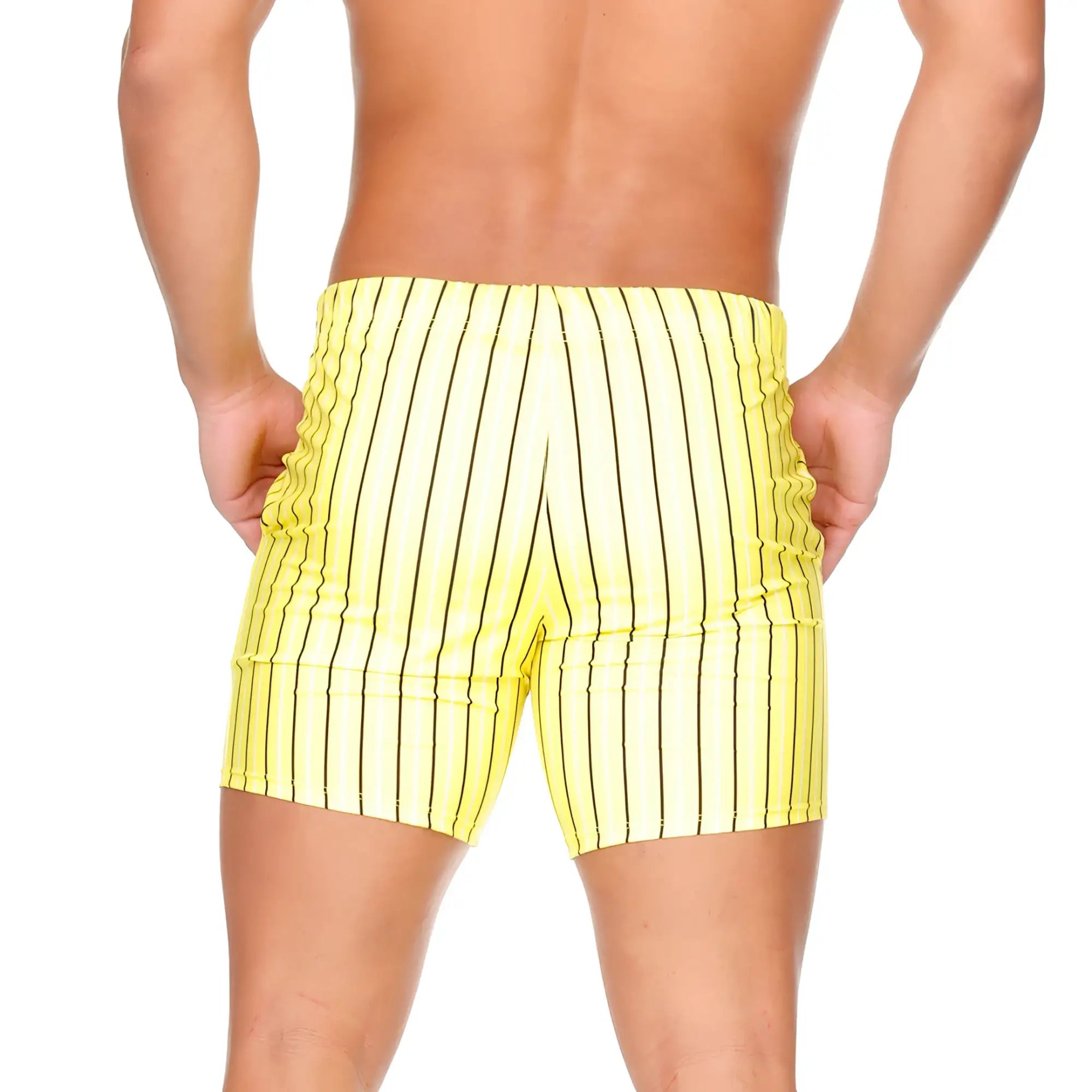 Bright yellow swim trunks with bold black vertical stripes from gigo sultan yellow beachwear collection