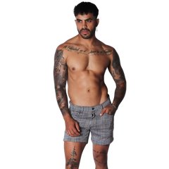 Men’s Gigo Sunday Gold short in a black and white glen plaid pattern with a tailored, slim-fit silhouette.