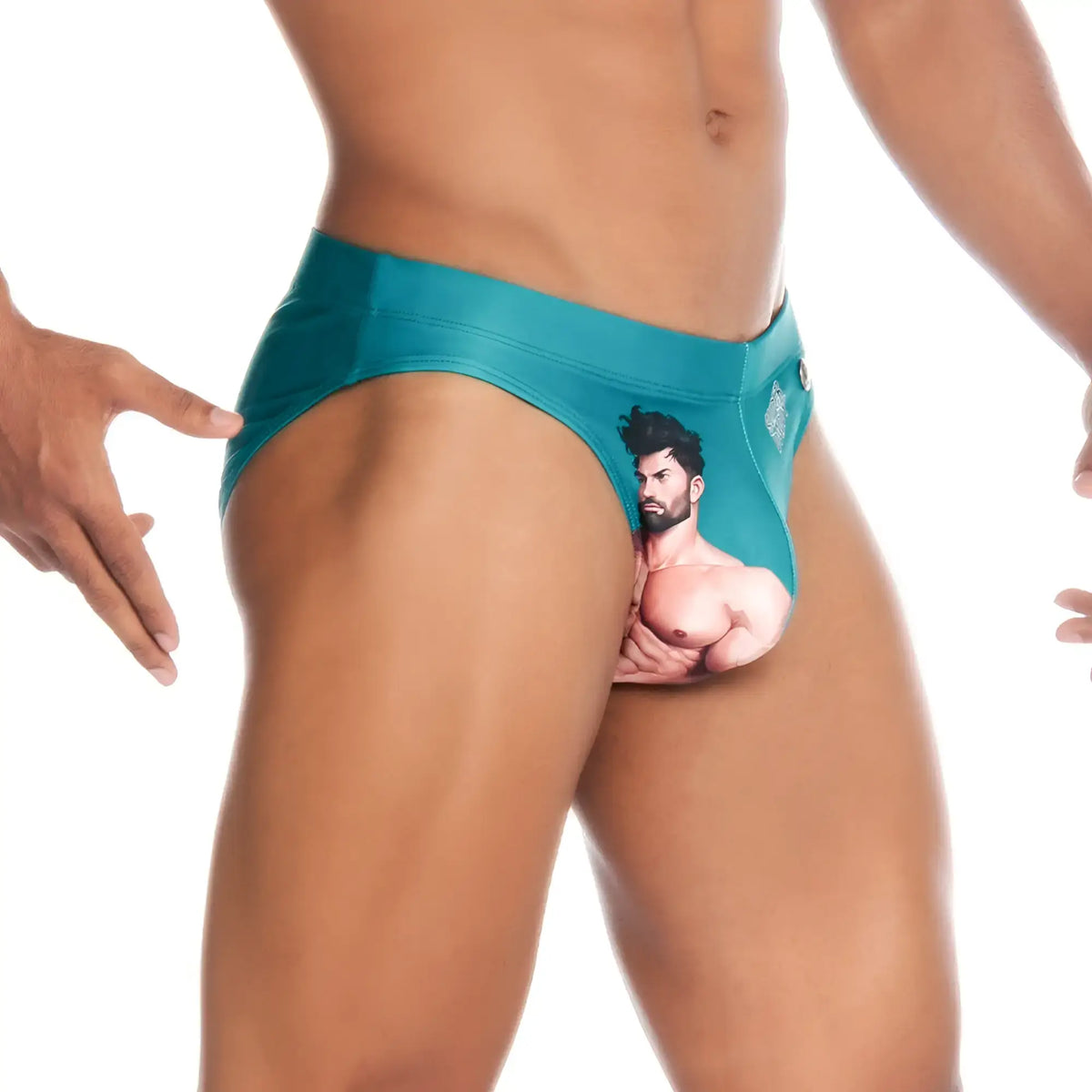 Teal menâ€™s briefs with a printed muscular man graphic from gigo super daddy blue swim brief collection