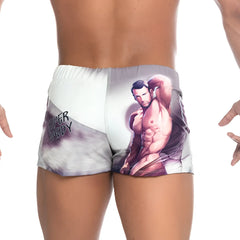 White and gray printed swim trunks with muscular man illustration and super daddy text on left leg by gigo brown beachwear