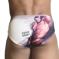 White swim trunks with a printed muscular man and super daddy text on the side from gigo super daddy brief