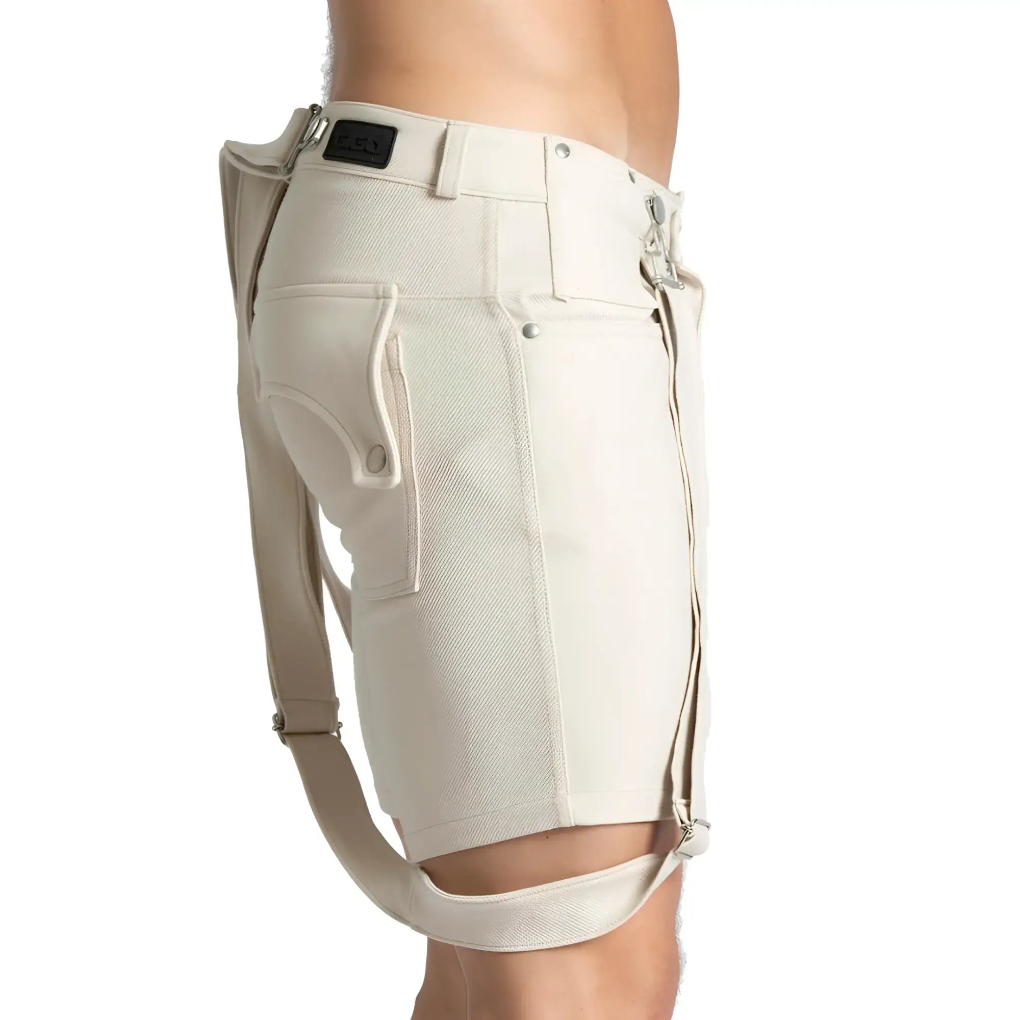 Beige gigo suspenders short made of textured fabric with side pockets and adjustable straps for practical wear