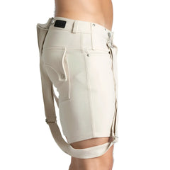 Beige gigo suspenders short made of textured fabric with side pockets and adjustable straps for practical wear