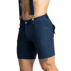 Navy blue textured shorts with matching gigo suspenders and silver-toned hardware for stylish wear