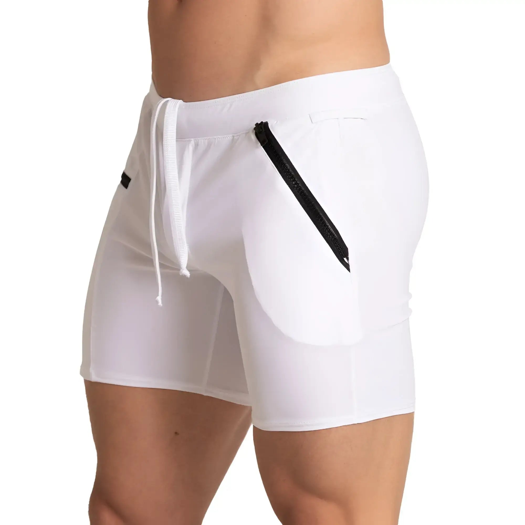 White gigo tennis short with black zipper pocket and matching drawstring waistband in breathable athletic fabric