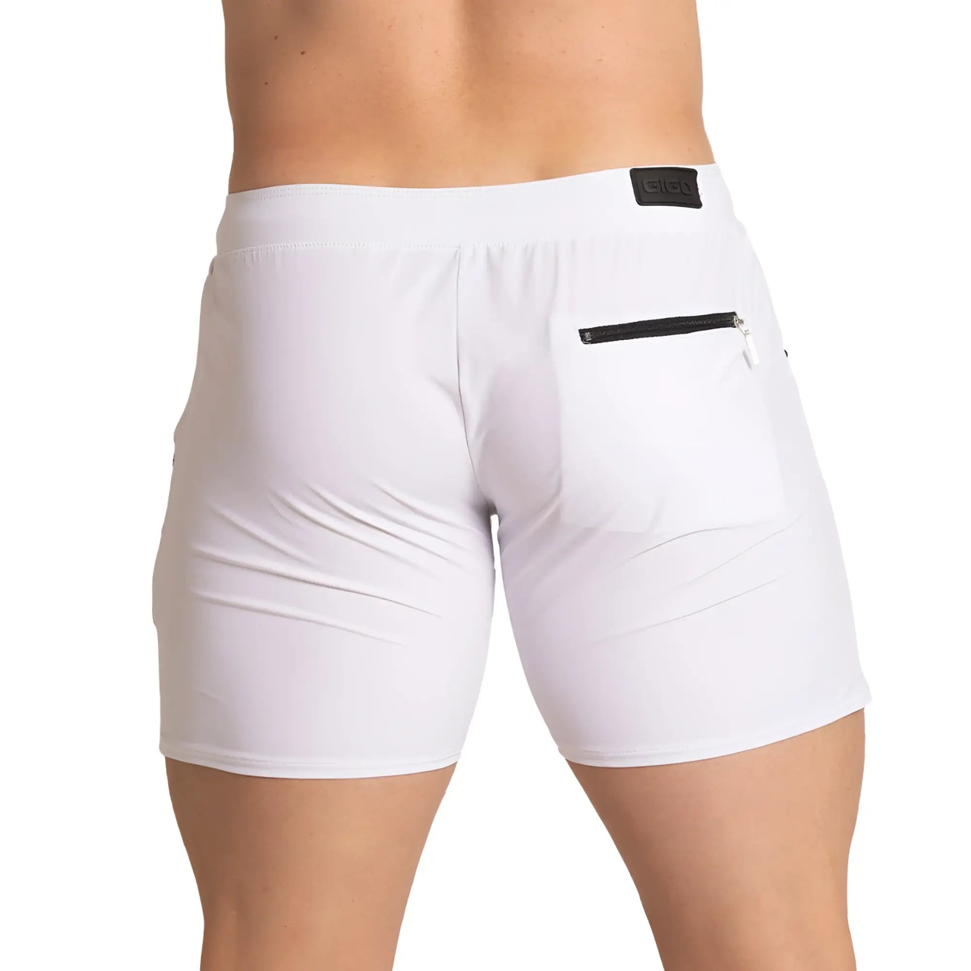 White gigo tennis short featuring black zipper pocket and branded patch on waistband for athletic use
