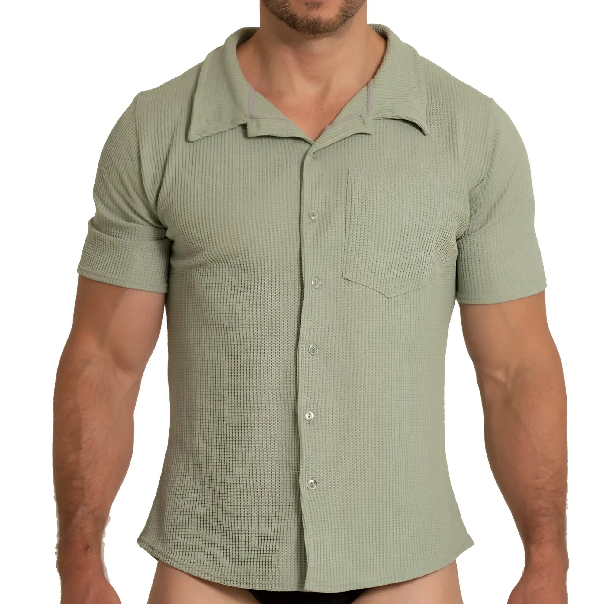A menâ€™s short-sleeved button-up gigo tissue green shirt in textured light sage green fabric with classic collar