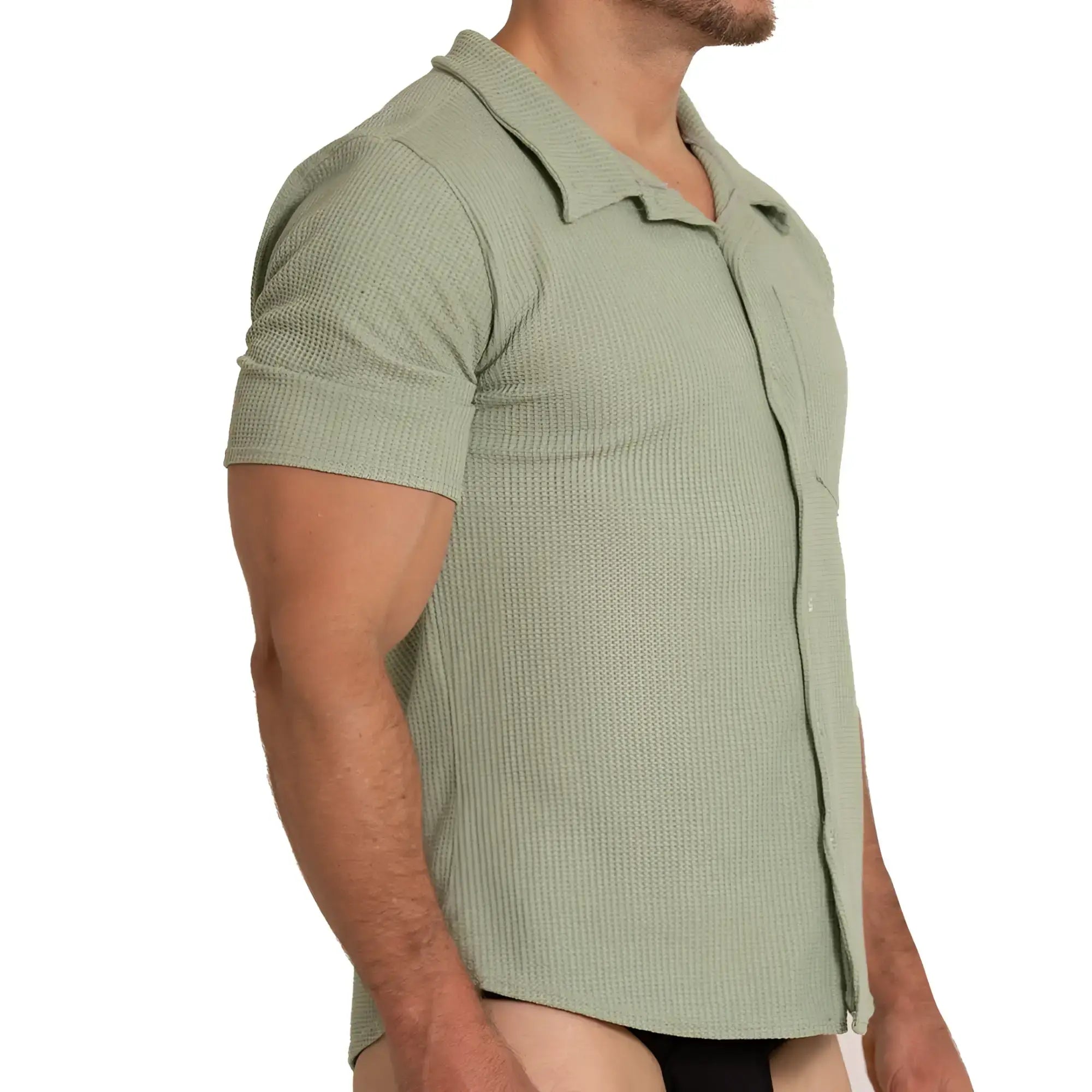 A menâ€™s short-sleeved polo shirt in muted sage green with textured waffle knit and classic collar gigo tissue green shirt