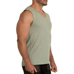 A menâ€™s sage green ribbed knit sleeveless tank top with v-neckline from Gigo Tissue Green Tank collection