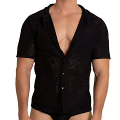 Gigo Tramell shirt black perforated short sleeve button up shirt with collar for casual wear