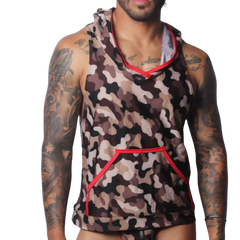 Brown camouflage sleeveless hooded T-shirt featuring a kangaroo pocket with vibrant red trim.