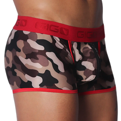 Camouflage print trunks with a red Gigo branded waistband, red trim, and a black zippered front pouch.