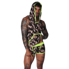 Sleeveless camo-print hooded shirt with neon yellow trim, paired with matching camo boxer briefs.