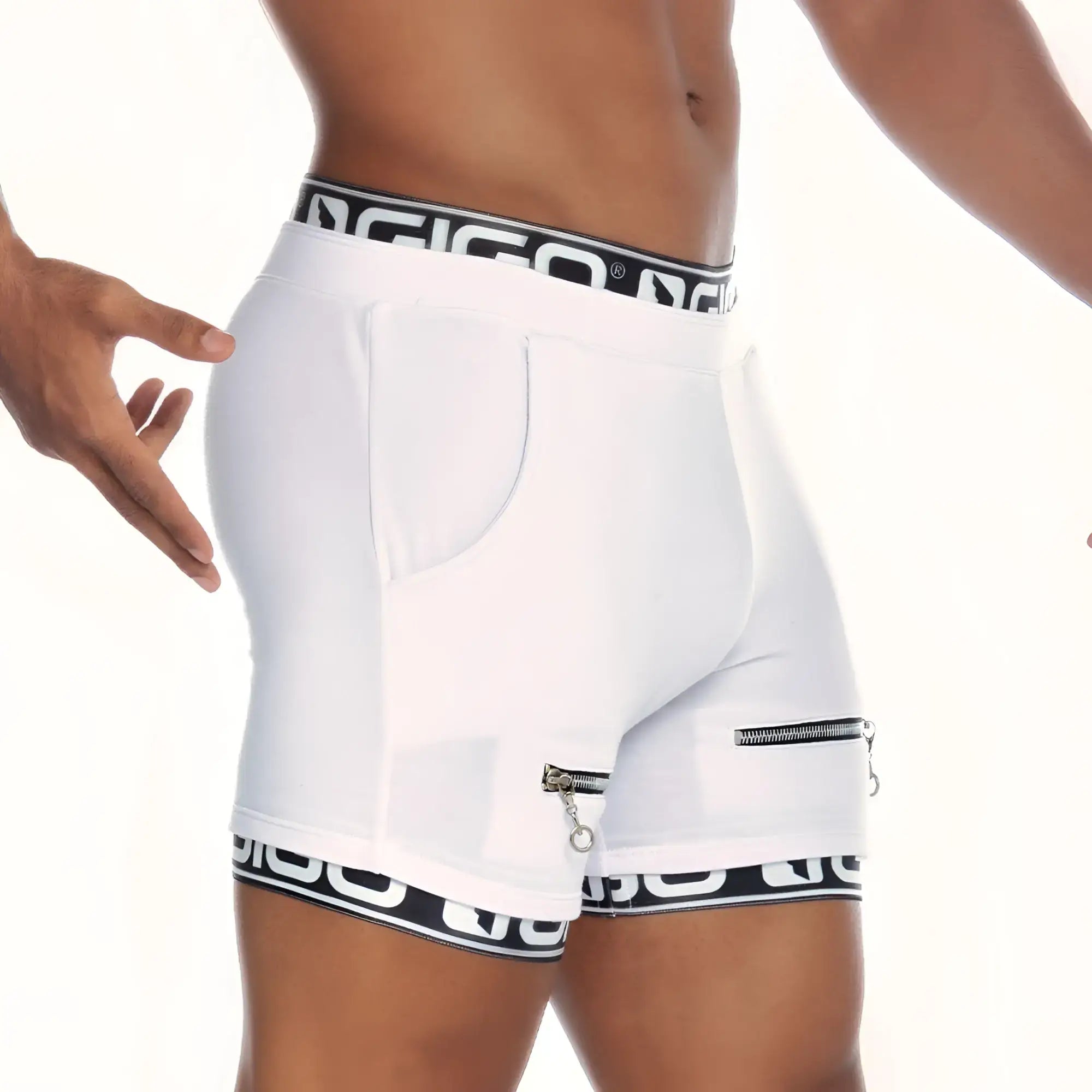 Gigo Tropixx white menâ€™s athletic shorts with black and white patterned waistband and hem and side zipper pocket