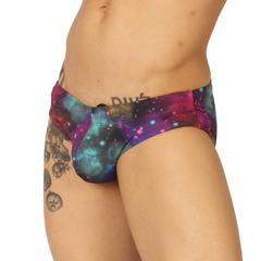 Gigo Universe swimbrief with vibrant galaxy pattern in purple teal and pink glossy fabric finish for swimming