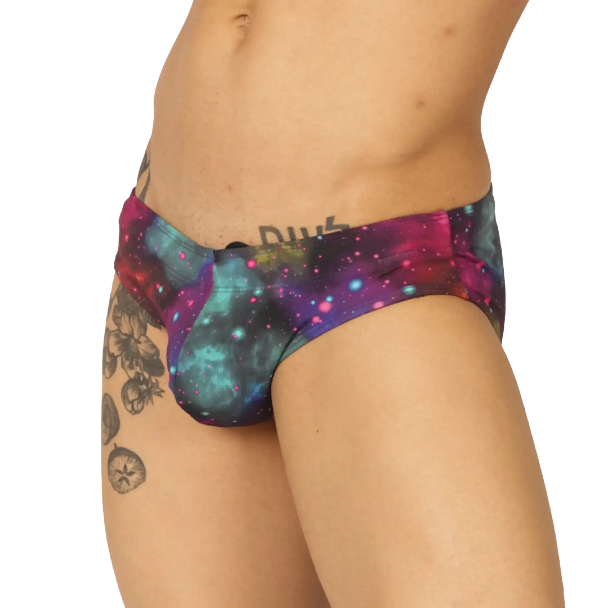 Gigo Universe swimbrief with vibrant galaxy pattern in purple teal and pink glossy fabric finish for swimming